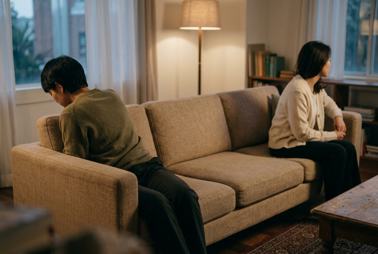 창가 테이블에 마주 앉아 이야기를 나누는 두 사람 — 연출 이미지