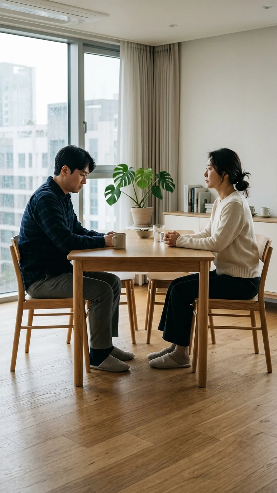 거실 식탁에 마주 앉아 이야기를 나누는 부부 — 연출 이미지