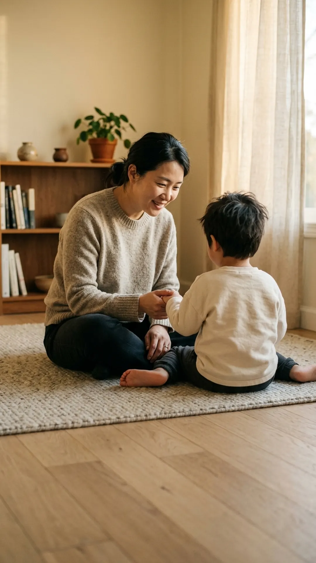 거실 바닥에서 아이와 마주 앉아 대화하는 부모 — 연출 이미지