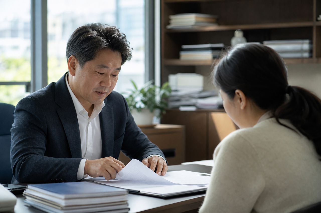 재산분할 기여도, 맞벌이 부부의 기여를 판단하는 자료 관련 전문가 상담·서류 검토 장면