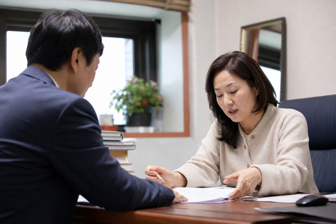 남편이 황혼이혼 소장 보내고 사업체 지분을 먼저 자녀 명의로 돌렸다 — 소상공인 아내가 72시간 안에 가압류 걸어야 하는 재산 목록과 법원이 기여도 인정하는 기준 관련 전문가 상담·서류 검토 장면