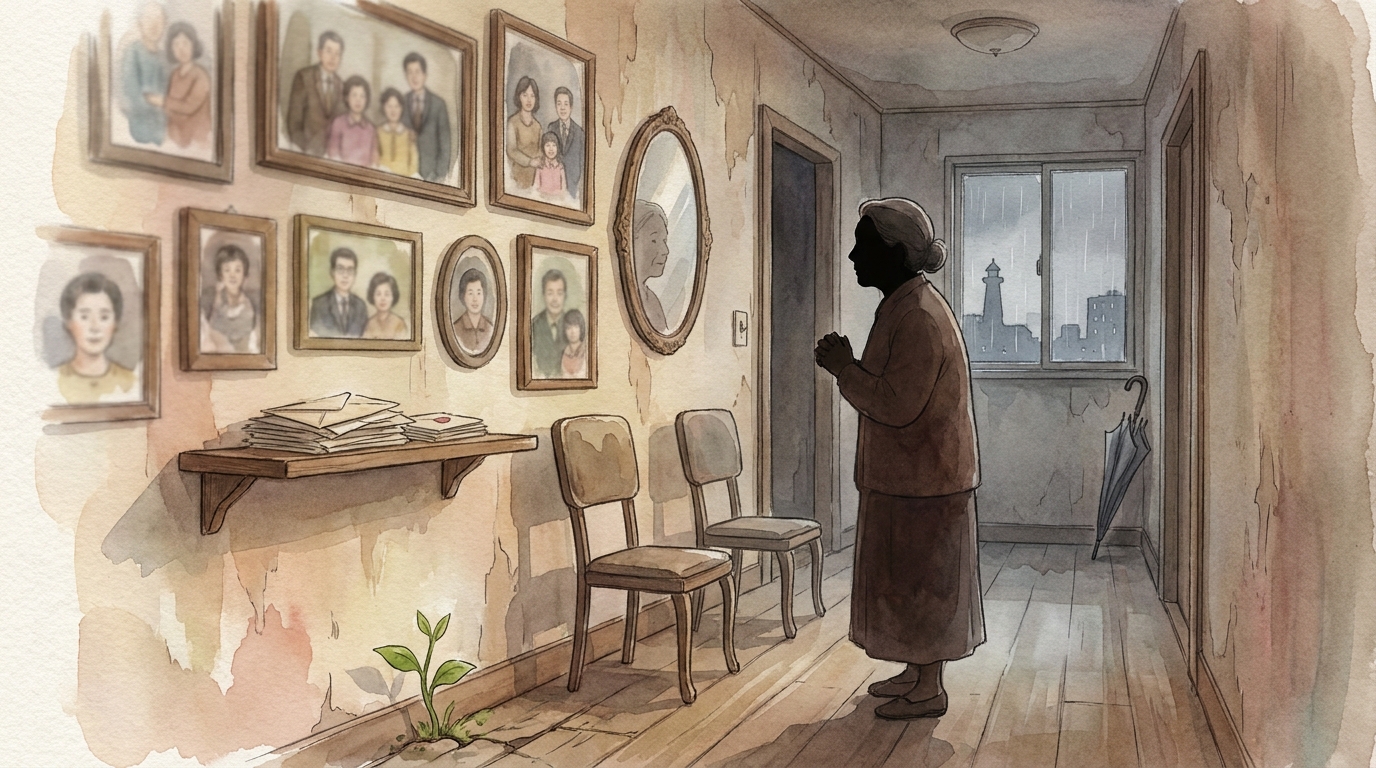 60대 한국 여성이 수십 년간의 가족 사진이 걸린 복도에 서서 재산 관련 서류 더미를 바라보는 장면