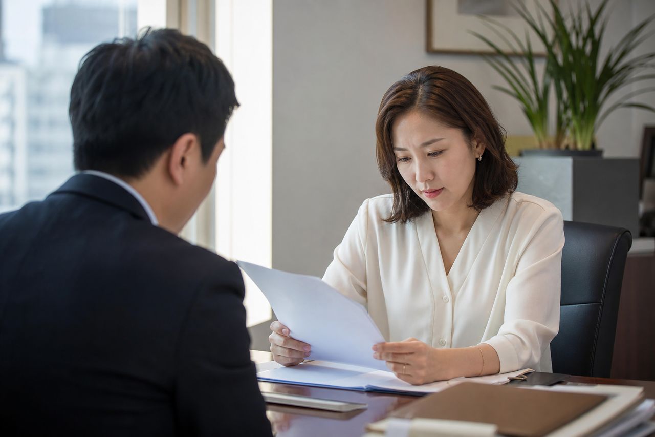 이혼소송 위자료·부양료·재산분할 반소 동시 관련 전문가 상담·서류 검토 장면