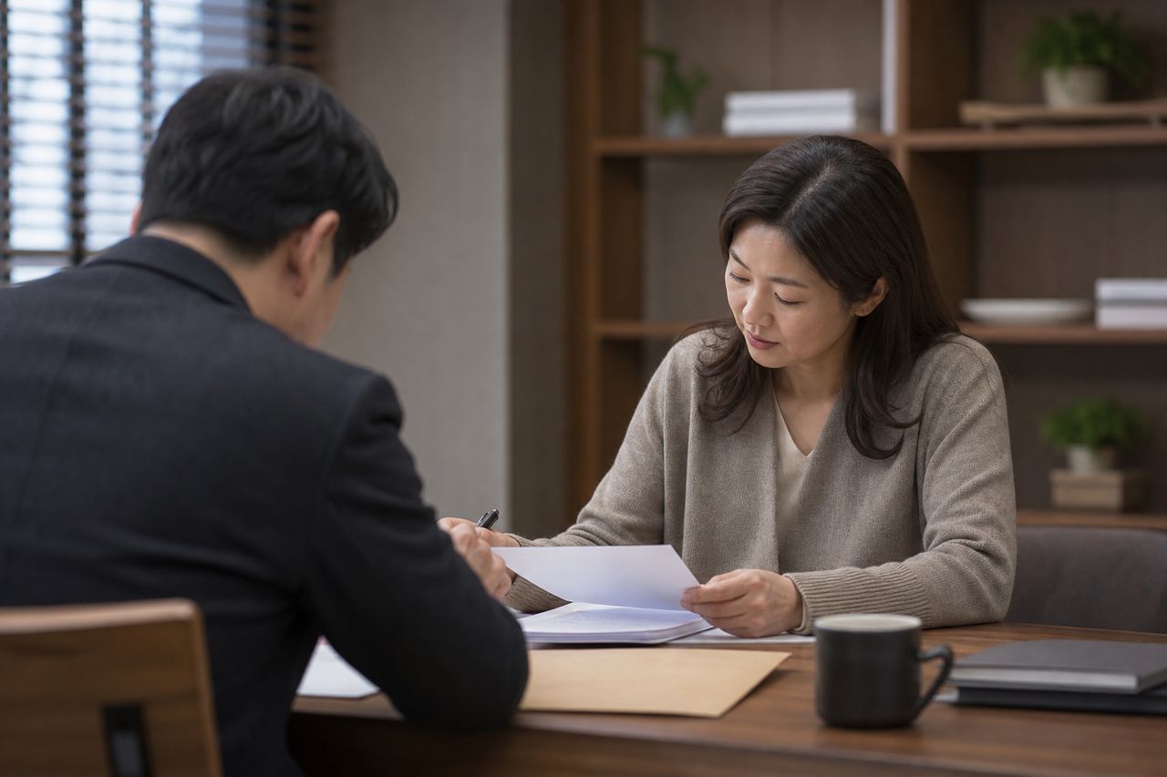 직장 내 성과 압박으로 별거 2년 차, 배우자가 이혼소송절차 밟아 소장이 왔다 — 피고로서 답변서 30일 기한 안에 반드시 챙겨야 할 반소·재산분할 청구 타이밍 관련 전문가 상담·서류 검토 장면