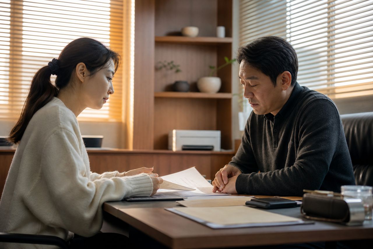 외국인 배우자와 이혼, 한국 법원에서 가능할까? 관련 전문가 상담·서류 검토 장면