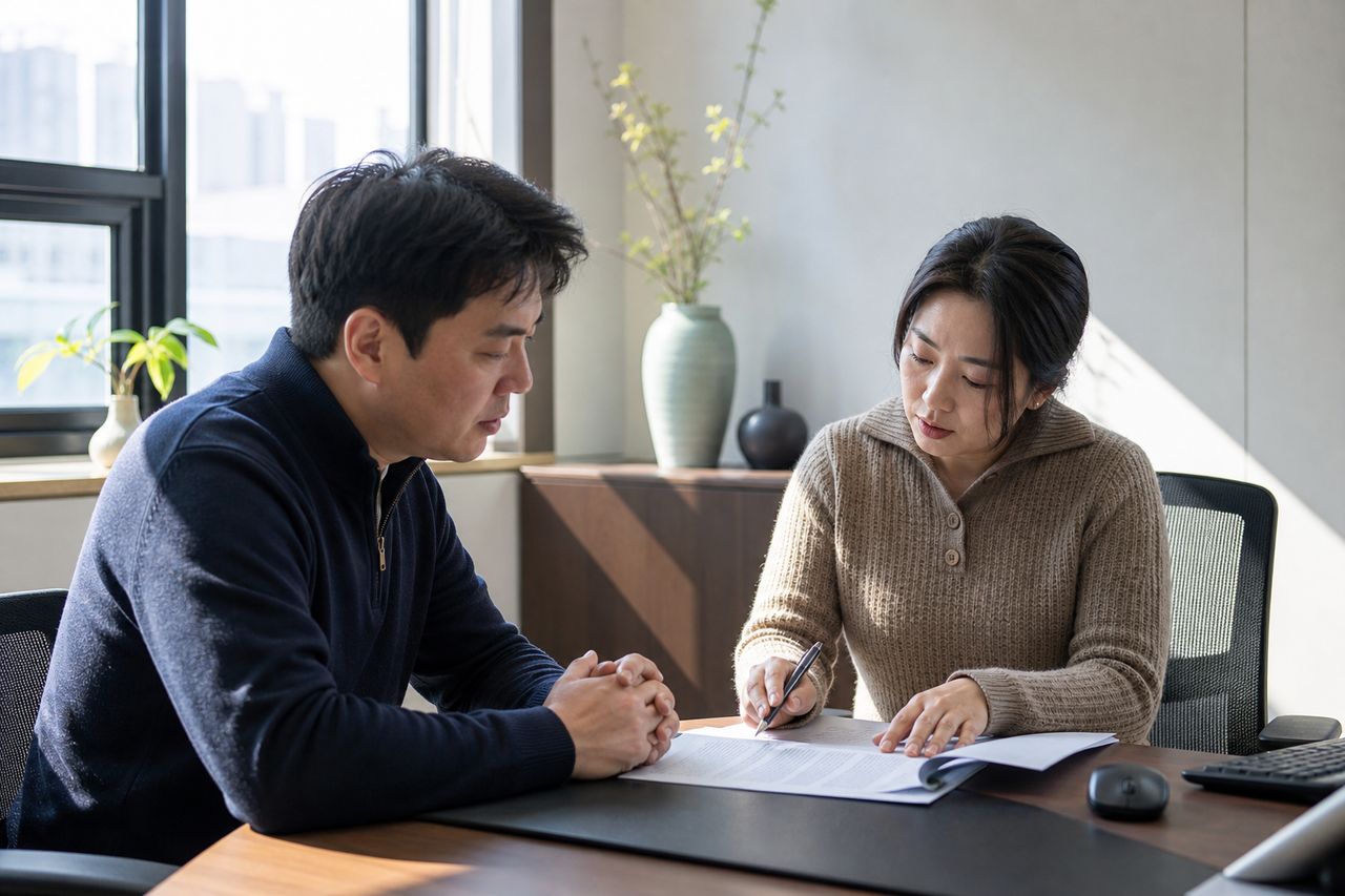 외국인 배우자와 이혼, 한국 법원에 소송 낼 수 있을까? 관련 전문가 상담·서류 검토 장면