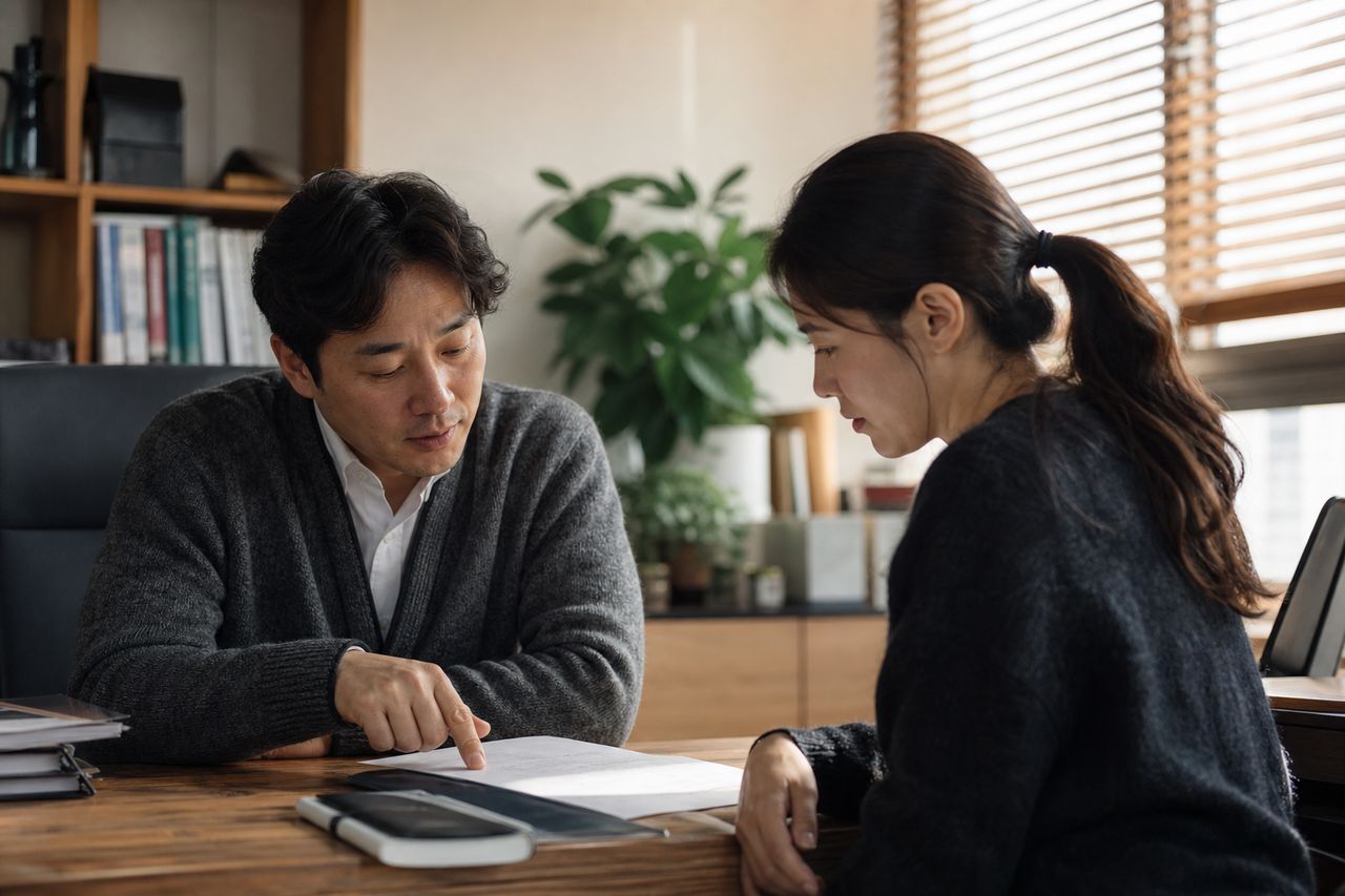 미국 국적 남편과 이혼할 때 준거법은 한국법? 미국법? 관련 전문가 상담·서류 검토 장면