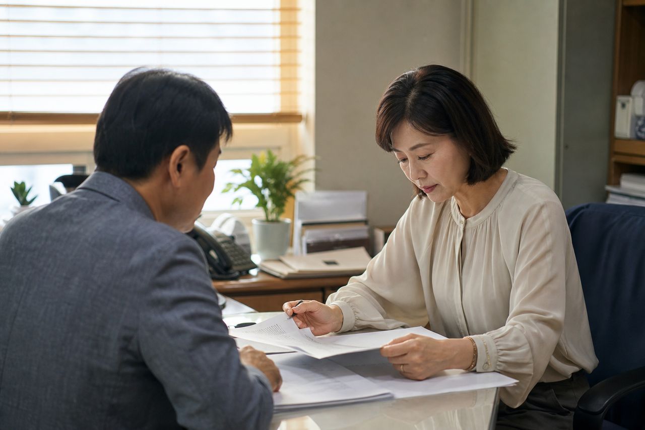 외국인 배우자가 본국으로 도망쳤을 때 재산분할 받는 법 관련 전문가 상담·서류 검토 장면