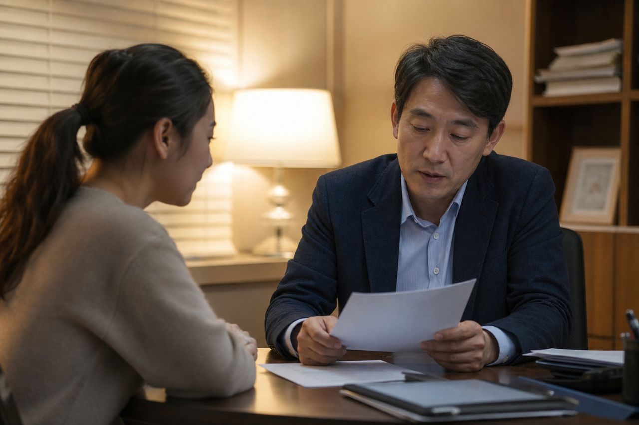 가정폭력 피해자인데 이혼 소송, 어디서부터 시작해야 하죠? 관련 전문가 상담·서류 검토 장면