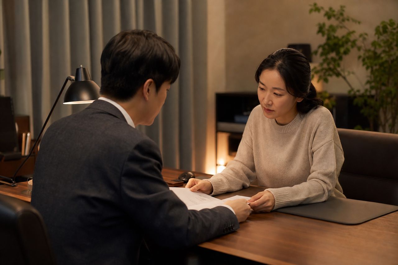 폐업 직전 치킨집 사장님이 이혼 소장 받았다 — 매출 0원짜리 가게, 재산분할에서 '권리금'과 '임대차보증금'은 어떻게 평가될까? 관련 전문가 상담·서류 검토 장면