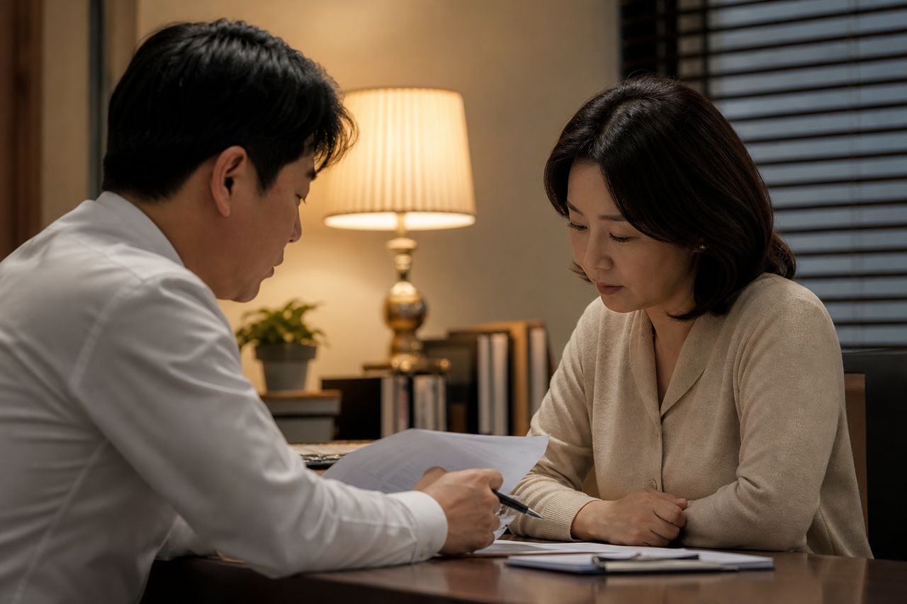 황혼이혼 재산분할, 30년 전업주부도 절반 받을 수 있을까? 관련 전문가 상담·서류 검토 장면