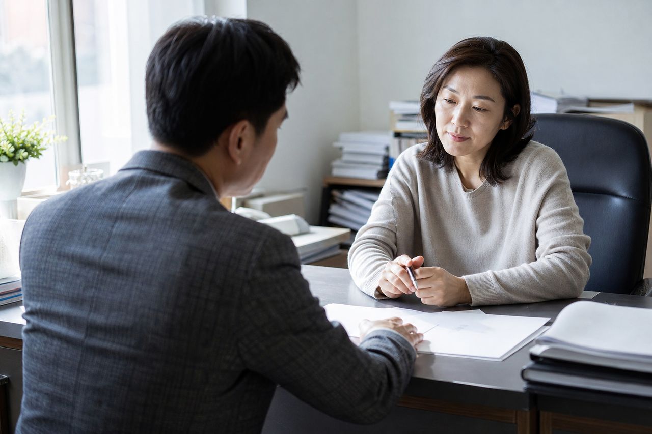 이혼 재산분할, 혼인 기간이 길면 얼마나 달라질까|47년 혼인 황혼이혼 사례 관련 전문가 상담·서류 검토 장면