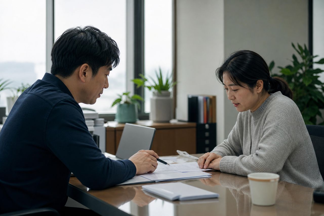 배우자가 운영하는 사업체 재산분할, 매출과 기업가치를 어떻게 구분하나 관련 전문가 상담·서류 검토 장면